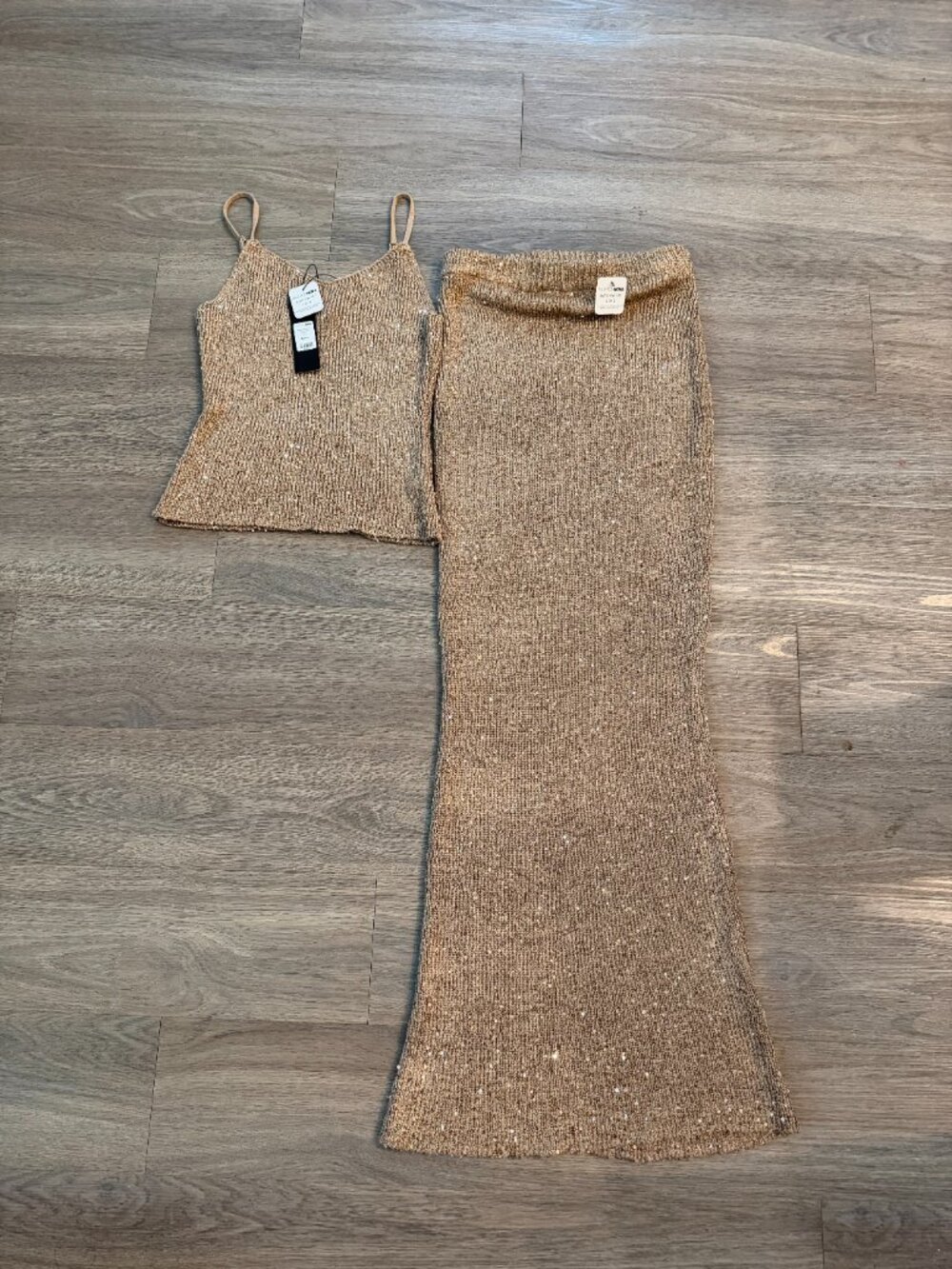 NWT Fashion Nova Gold Sequin Knit Cami & Maxi Skirt Set